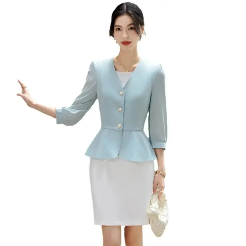 Women Casual 2 Pieces Set 2024 New Fashion Lantern Sleeve Jacket + White Dress Suit Office Ladies Business Blazers Skirt Set