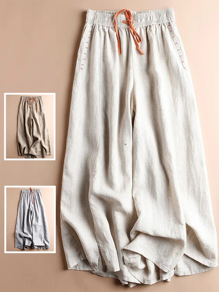 

Ретро-брюки прямого кроя из хлопка и льна с контрастной вышивкой, женские летние свободные тонкие брюки с широкими штанинами и высокой талией