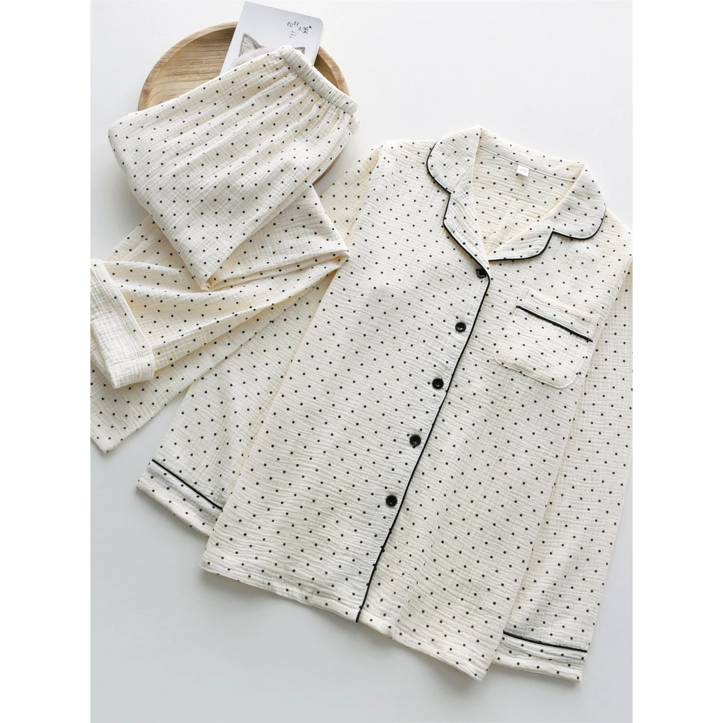 1 Set Womens Polka Dot Pajamas Cotton Double Layer Gauze Soft Long Sleeve and Pants Sleepwear Loungewear for Spring Summer