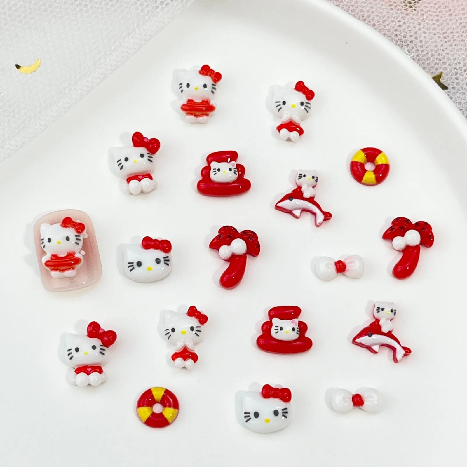 20pcs miniso red hawaii hello kitty cartoon nail charms for diy nail making kawaii cute resin nail art decoreation