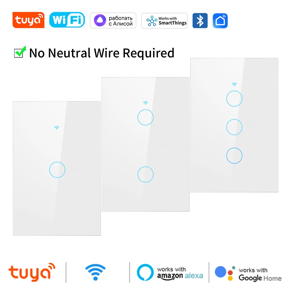 

Tuya Smart Life Wifi+Bluetooth Touch Light Wall Switch US Touch Panel Switches No Neutral Wire& Neutral Wire Alexa Google Home