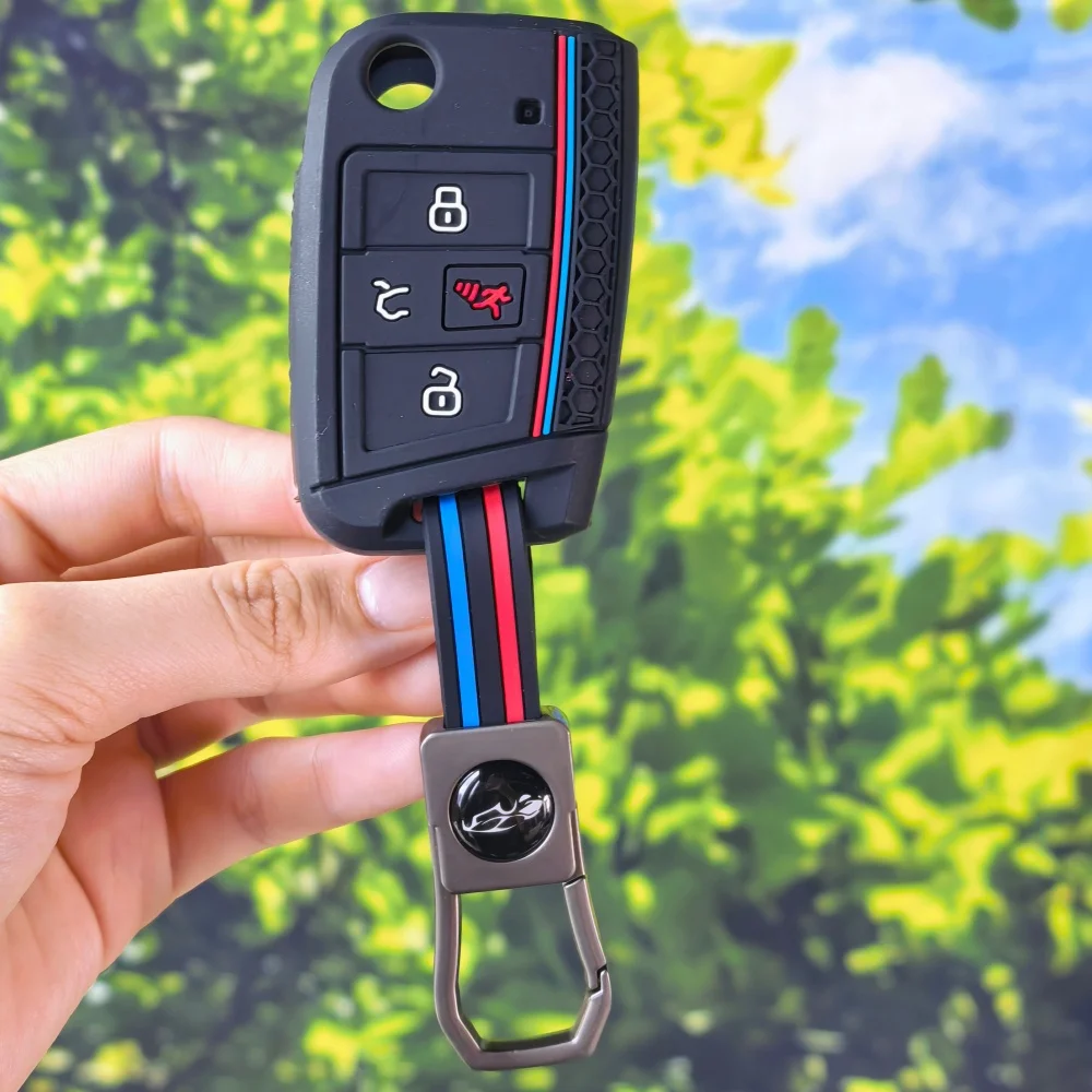 M Race Stripe Silicone Key Shell With Keychain For VW Golf GTI Alltrack Golf R Sportswagen Polo Skoda Tiguan Atlas e-Golf Jetta