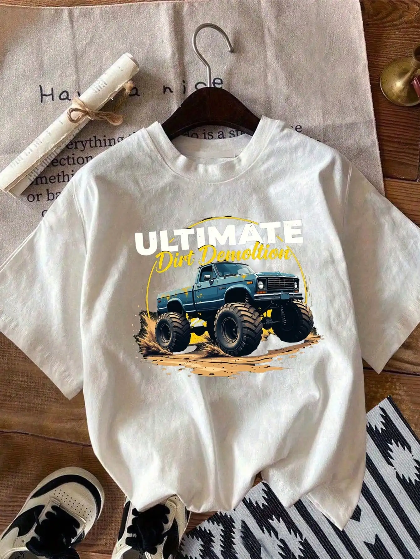 Camisetas gráficas de algodão para meninos/meninas Monster Truck de volta às aulas, tops pretos grandes de verão com padrão off-road
