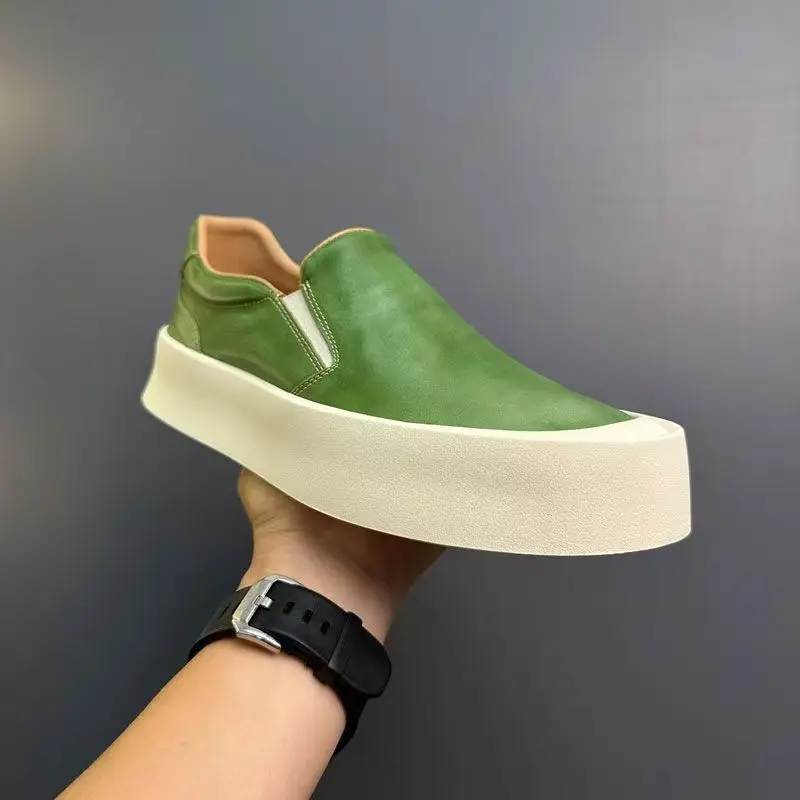 Vintage Mens New Slip On Loafers Thick Platform Casual Skateboard Shoes Cowhide Genuine Leather Shoes Outside Joggers Sneakers