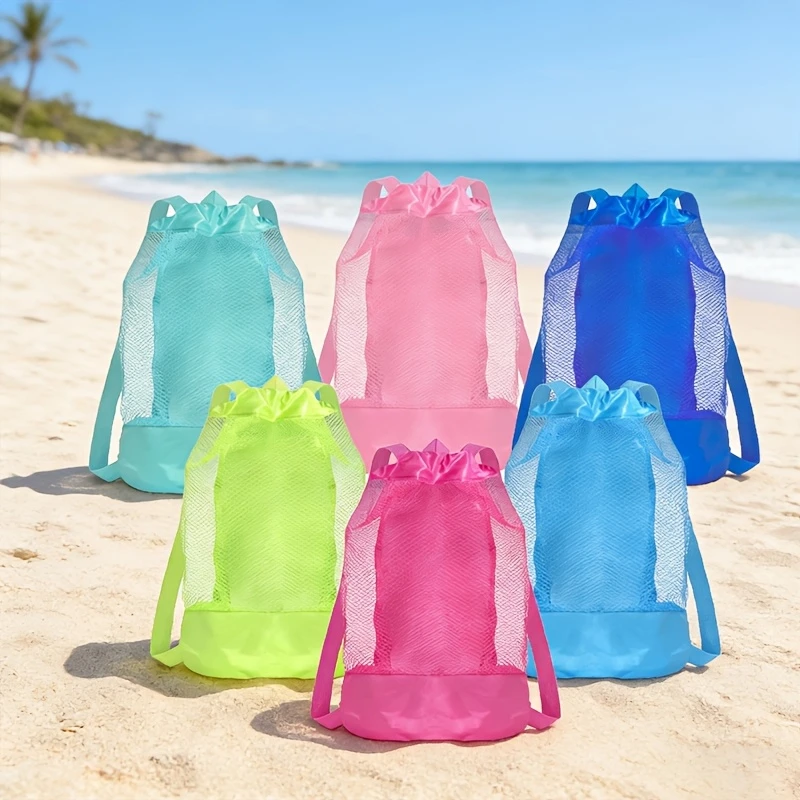 1pc Lightweight Pink Mesh Beach Storage Backpack Shoulder Straps Easy Clean Drawstring Closure Durable Polyester Sand Organizer