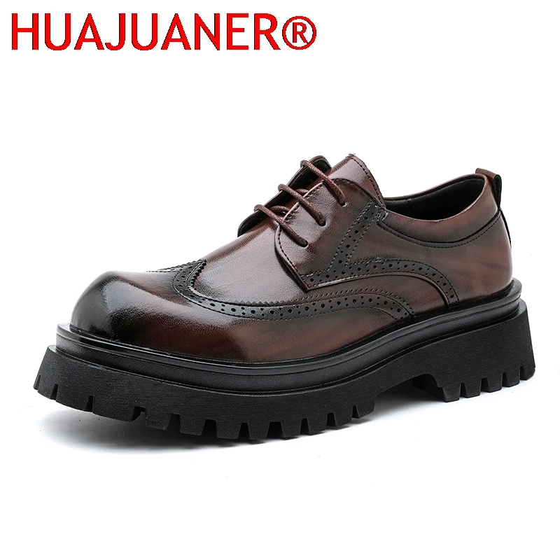 

British Style Brogues for Men Business Casual Fashion Commute 4CM Thick Sole Leather Shoes Male Platform Wedding Dress Shoes