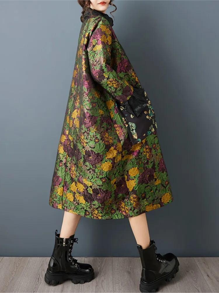 特大春ドレス女性花刺繍ファッション中国風レディースドレスルーズ A ライン女性長袖ドレス