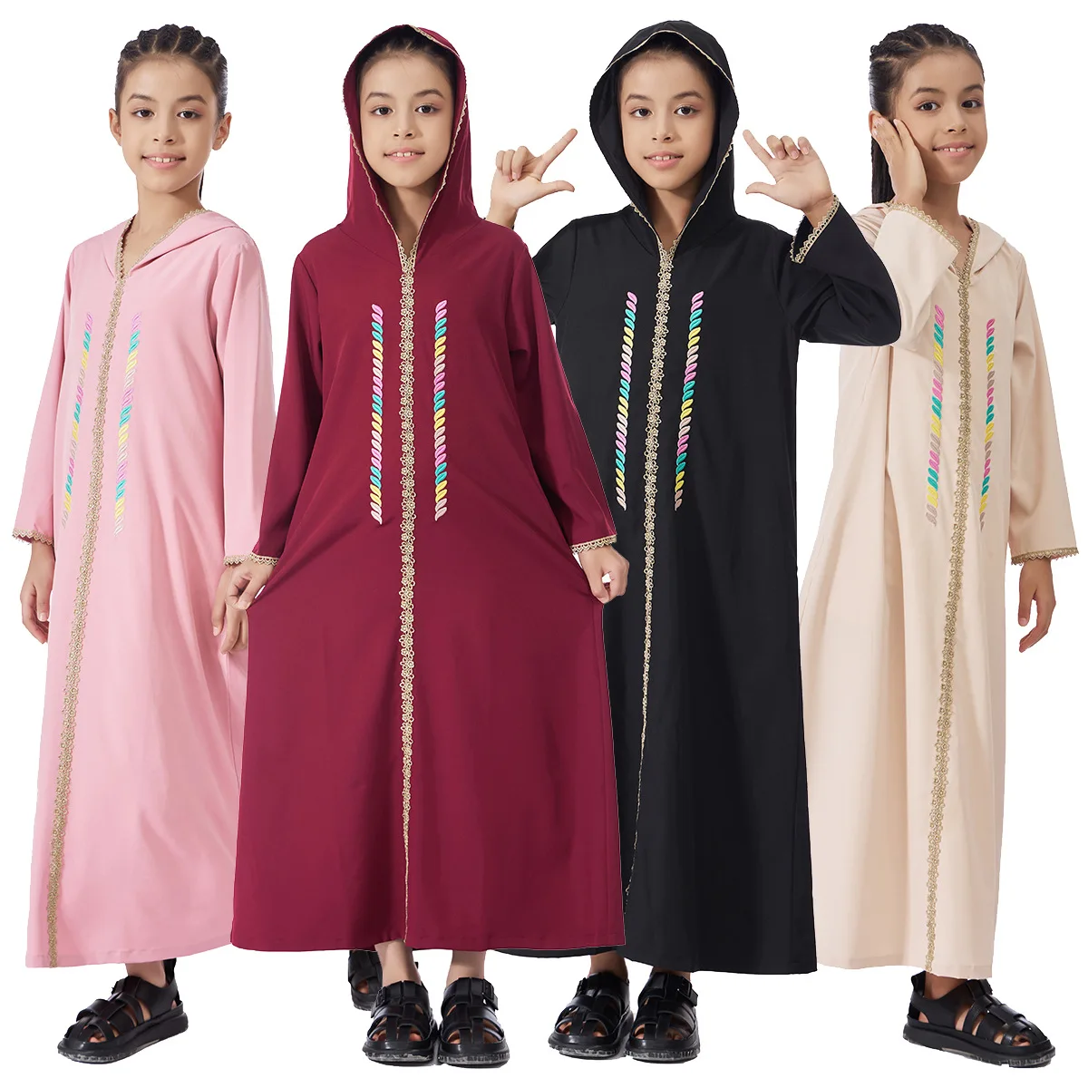 

Kids Hooded Dress Lace Embroidery Muslim Abaya Ankara Dashiki Boubou Saudi Arabic Islamic Robe Jilbab Moroccan Kaftan Kimono