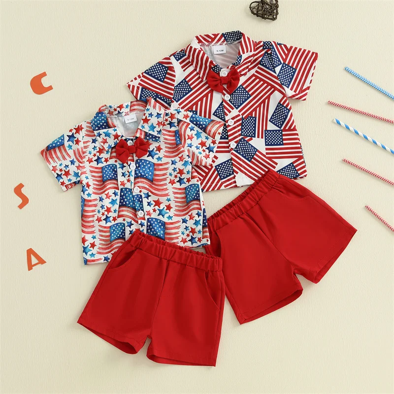 

Cathery Toddler Baby Boys Patriotic Outfits Stars Striped Print Buttons up Bow Tie Shirts and Elastic Shorts Set for Formal Wear