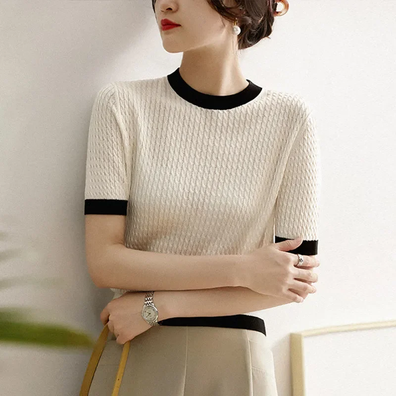 

Women's Ice Silk Knit Short Sleeve T Shirt Color Block Crew Neck Casual Loose Tee Top