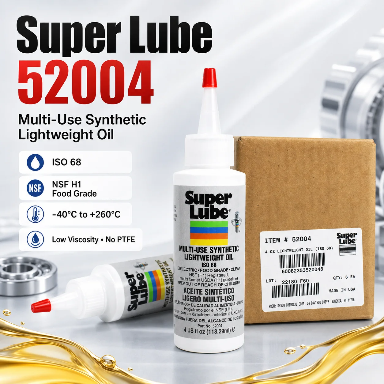 Super Lube 52004 Aceite Sintético Ligero ISO 68 4oz Lubricante de Grado Alimenticio para Impresora 3D, Rodamientos, Cadenas, Motores y Bombas