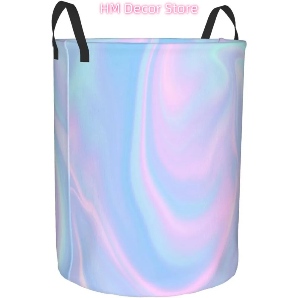 Pink Blue Liquid Swirl Laundry Basket with Handle Waterproof Collapsible Cloth Hamper Round Storage Basket for Bathroom Bedroom