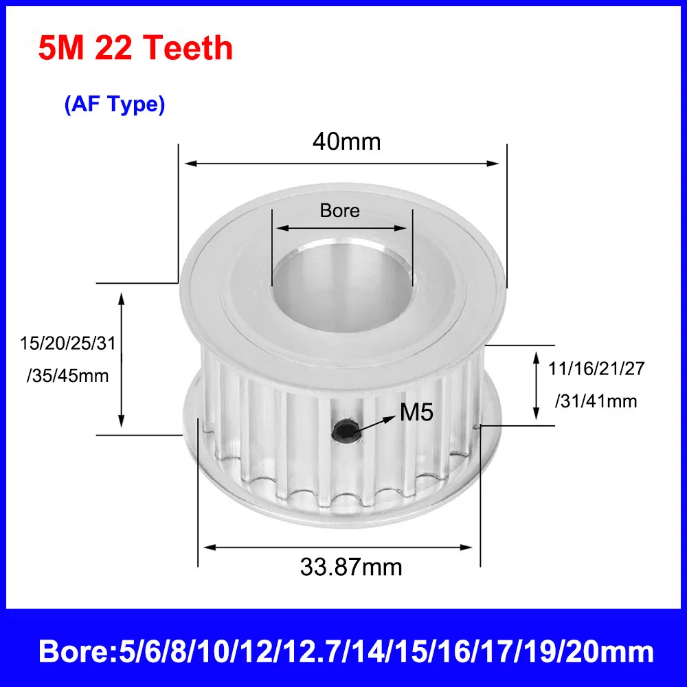 

1Pcs HTD 5M 22 Teeth Timing Pulley 11/16/21/27/31/41mm Slot Width Bore 5mm-20mm Pitch 5mm HTD5M Synchronous Belt Wheel