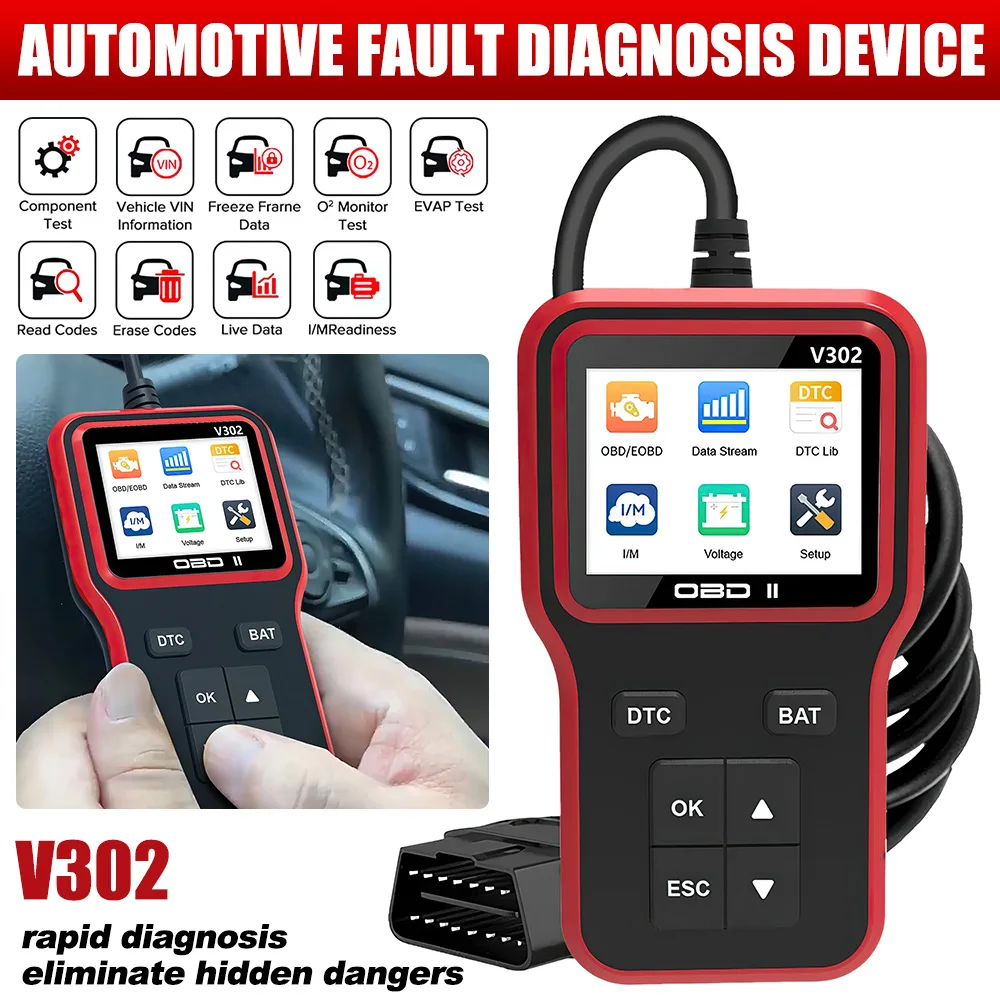 

V302 Автомобильный инструмент сканирования OBD2, автоматический сканер неисправностей, автомобильный диагностический считыватель кодов двигателя