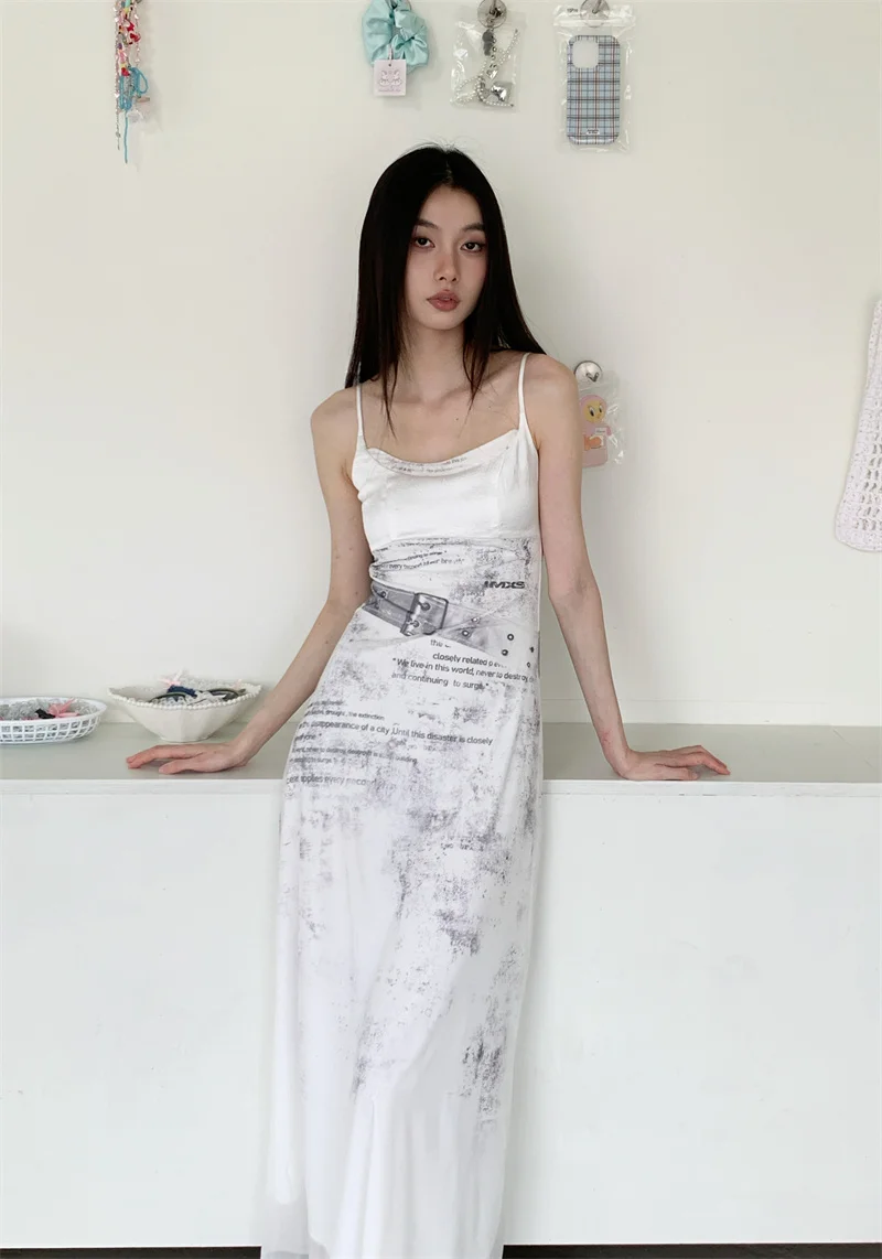 

Printed Mesh Camisole Dress With Women'S Summer Temperament, High Street Spicy Girl Style, Slim Fit And Unique Long Skirt