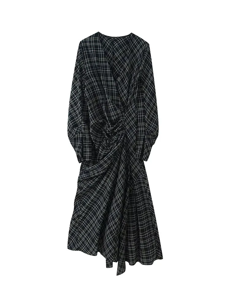 

HH Women's Spring New V-Neck Pleated Plaid Dress Retro Slim High-Waist A-Line Skirt Casual Versatile Long-Sleeved Dress