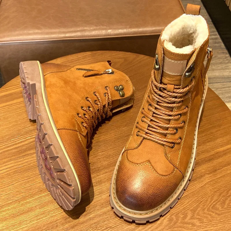 

British Outdoor Casual Winter Warm Cotton Shoes Men's Wool Snow Boots Waterproof High Top Genuine Leather Chelsea Boots Male