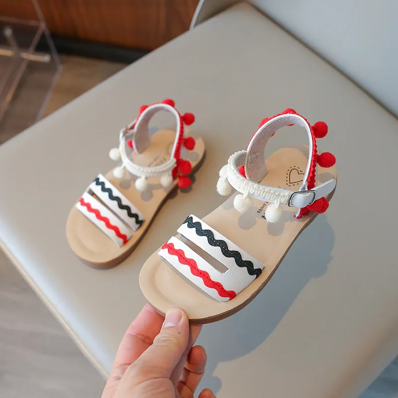 New Girl Sandals Summer Fashion Kids National Style Beach Shoes Children Princess Tassel Flat Sandals Open-toe Causal Hook Loop