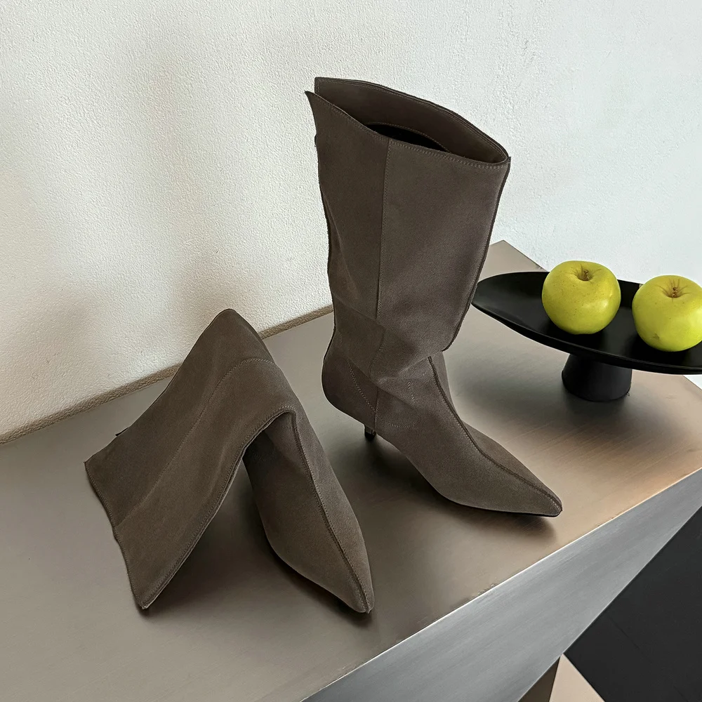 QUTAA 2027 Fashion Cow Suede Winter Women Knee High Boots Heels Modern Western Woman Casual Shoe Motorcycle Long Boots 34-40