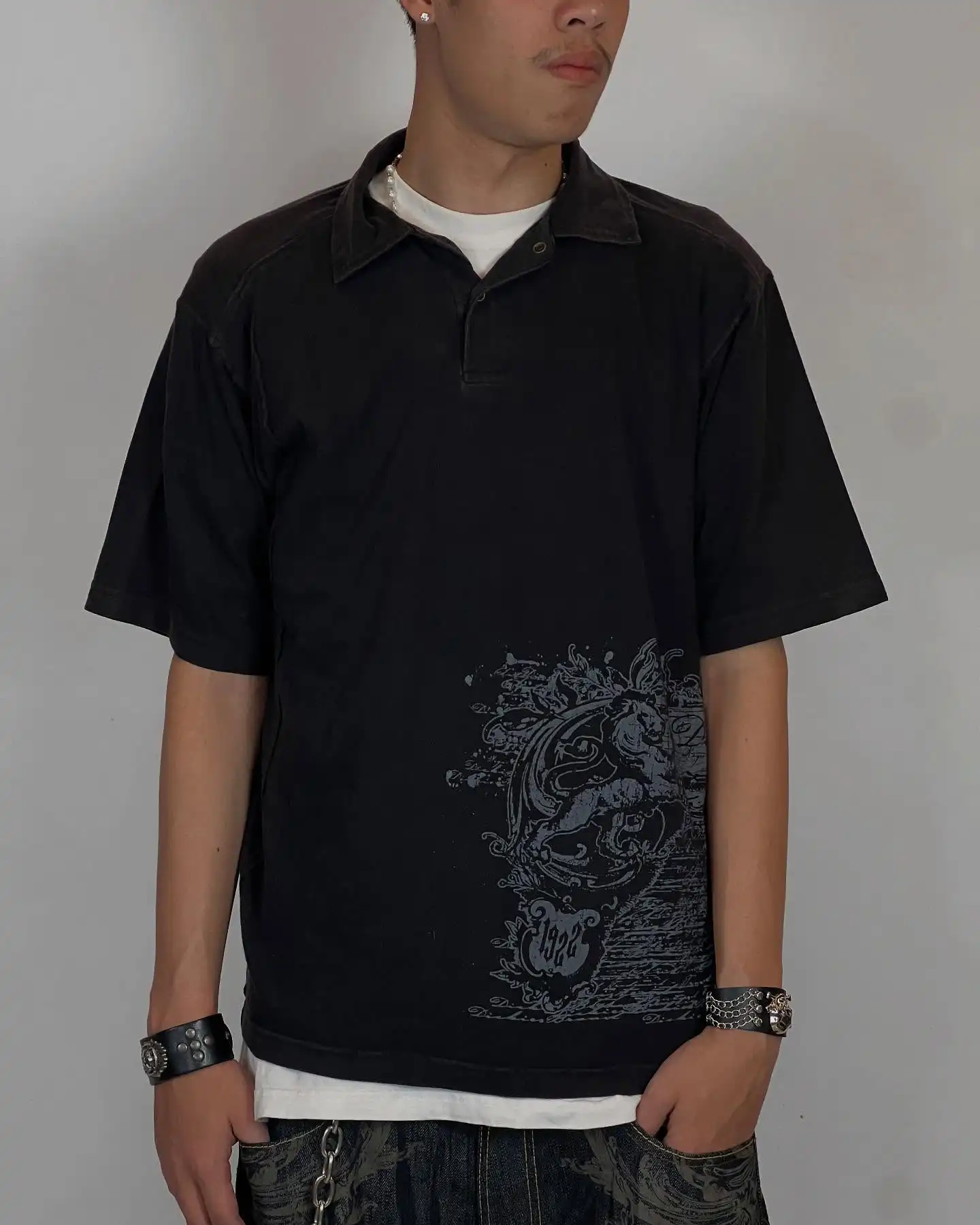 ريترو 2000s القوطي Harajuku الشارع نمط الجرافيك المحملة الظلام القطن قميص بولو خمر قمة الموضة الأمريكية