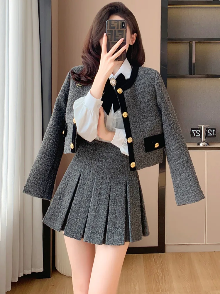 

Elegant Autumn Short Mini Suit Skirts Single-breasted Bow Coat 2 Pieces Work Business Small Fragrance Tweed Women Sets Hot