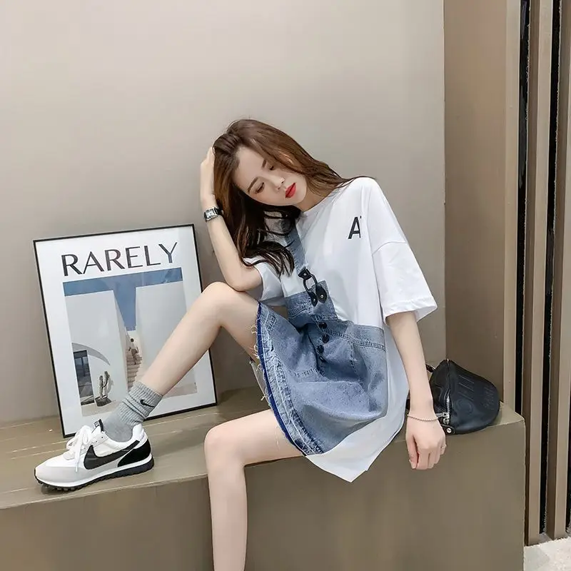 Elegant Fashion Harajuku Slim Fit Female Clothes Loose All Match Casual Short Sleeve T-shirts Printed Patchwork Fake Two Pieces