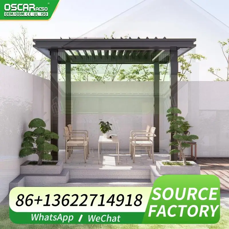 

Summer outdoor patio deck electric square tube rotating blades aluminum structure with sliding glass 5x5m pergola