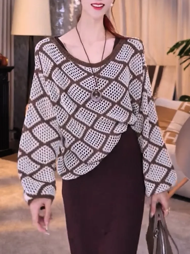 

Свитер Ele с V-образным вырезом и вырезами, повседневный, универсальный, омолаживающий, для осеннего сезона, больших размеров, удобный, в корейском стиле