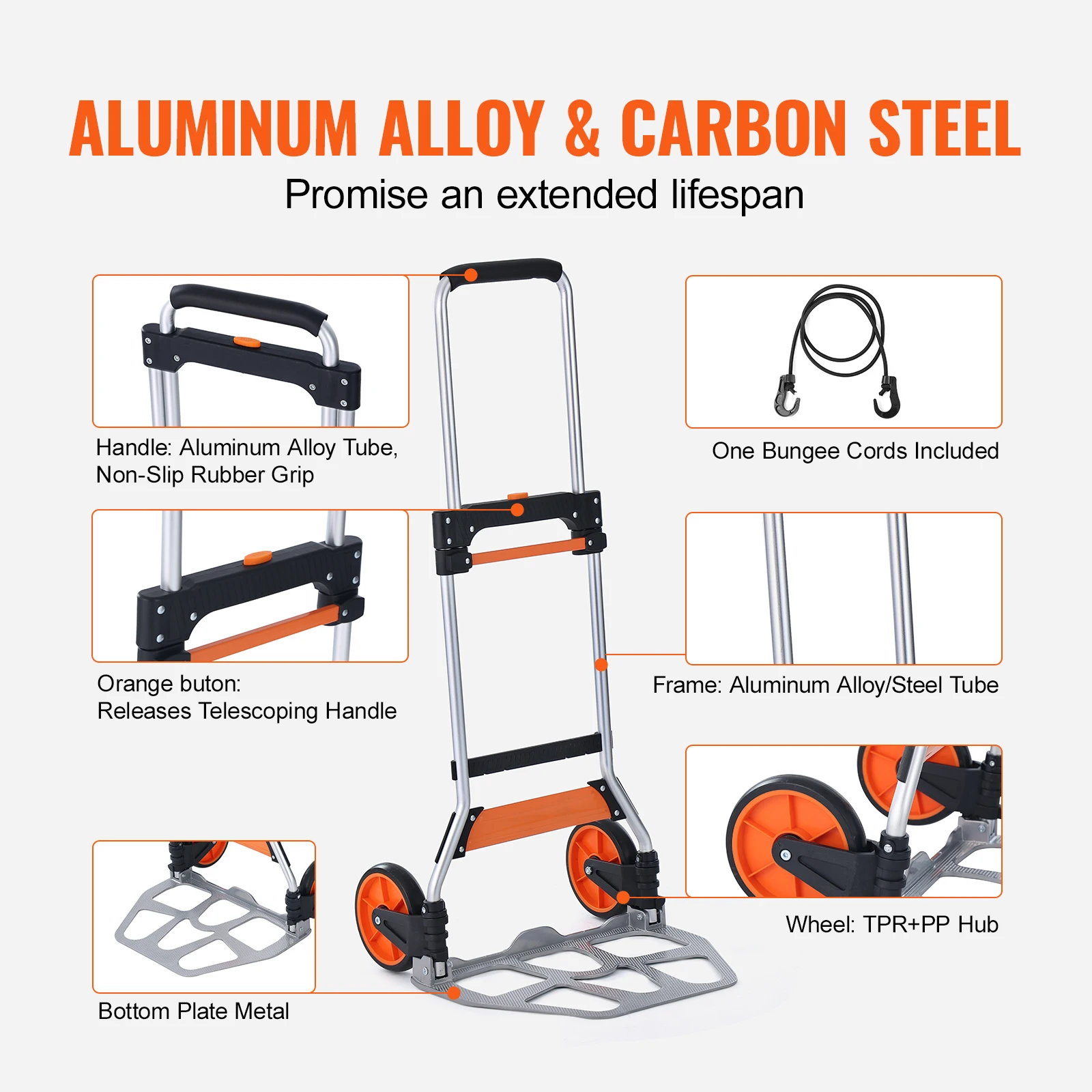 SucceBuy Truk Tangan Lipat 275/309 Lbs Portabel Gerobak Persatuan Dolly dengan Pegangan Teleskopis dan Tali Pengikat untuk Memindahkan Gudang