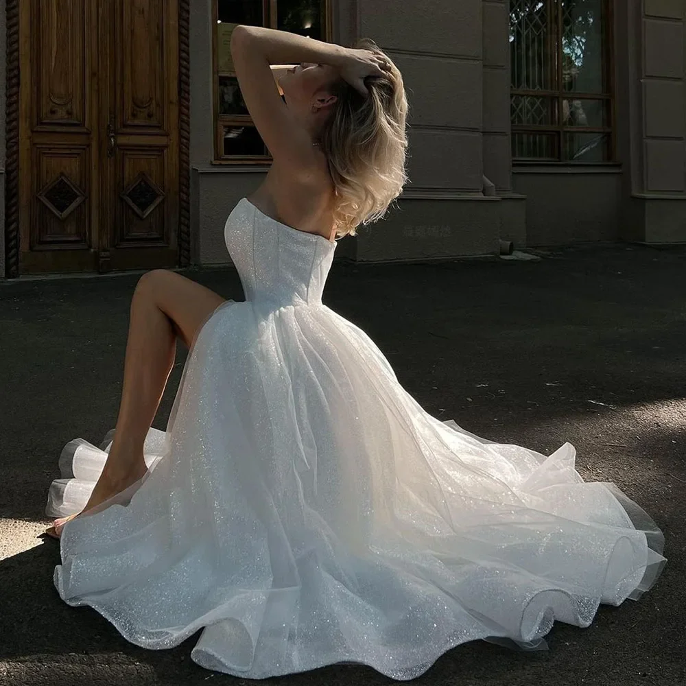 Ivory Sweetheart Princess Wedding Dress Tulle A-line Strapless Bride Dress Ankle-Length Women's Sexy Dress Customization