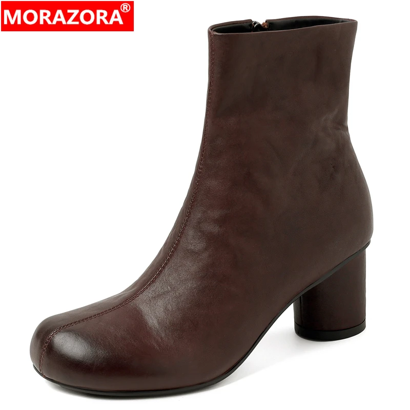 

MORAZORA 2026 New Arrival Genuine Leather Boots Women Round Toe High Heels Autumn Winter Boots Ladies Fashion Ankle Booties