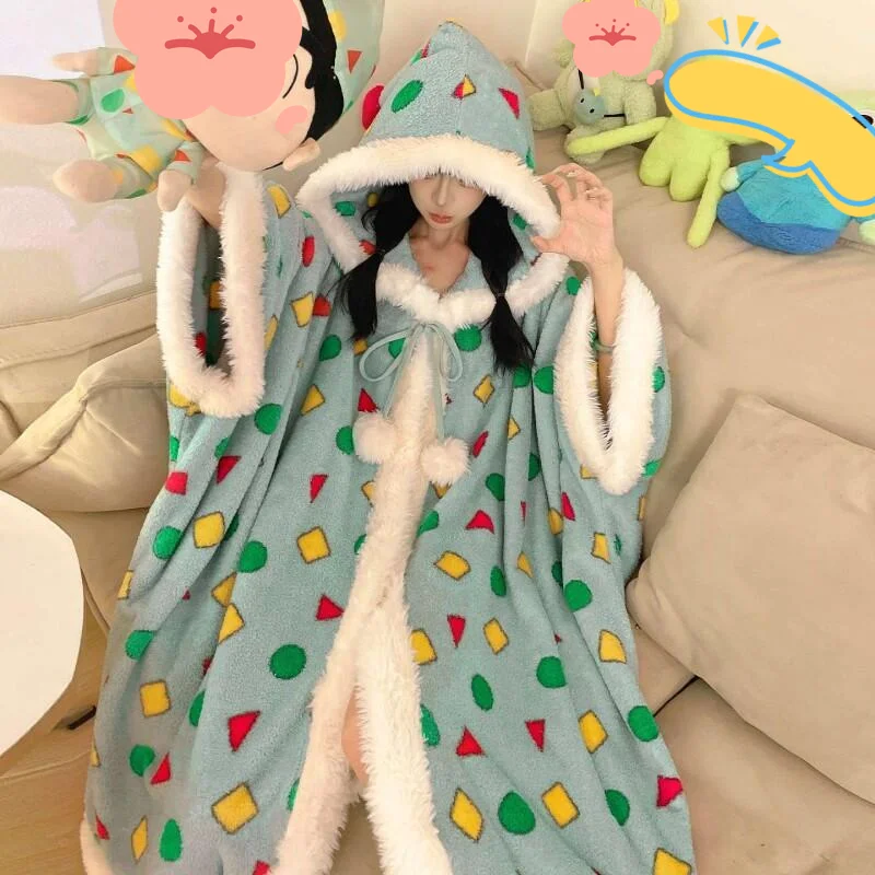 

half-pile Women's pajamas winter new model robe Comfortable Sleepwear long style coral fleece fleece-lined thicken homewear