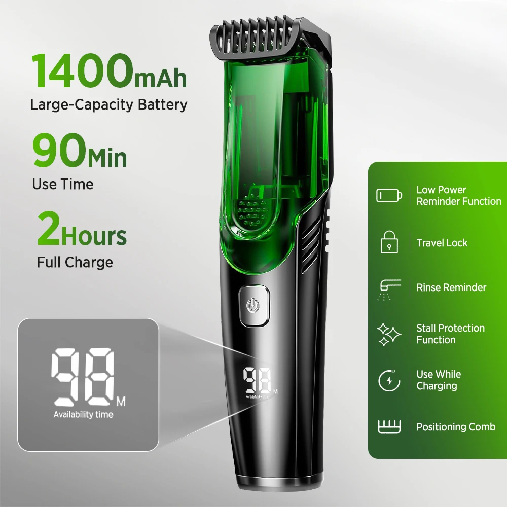 Cordless Men Beard Trimmer Electric Shaver IPX6 Waterproof Built-in Vacuum Clipper for Mustache Sideburns Grooming Kit image 6