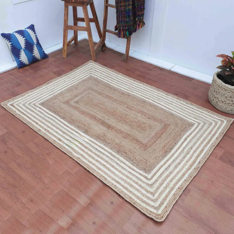 

Jute Rug 100% Natural Hand Woven Area Rugs Nonslip Carpet Living Room Modern Floor Mat Minimalism Stripe Color Bedroom Decor