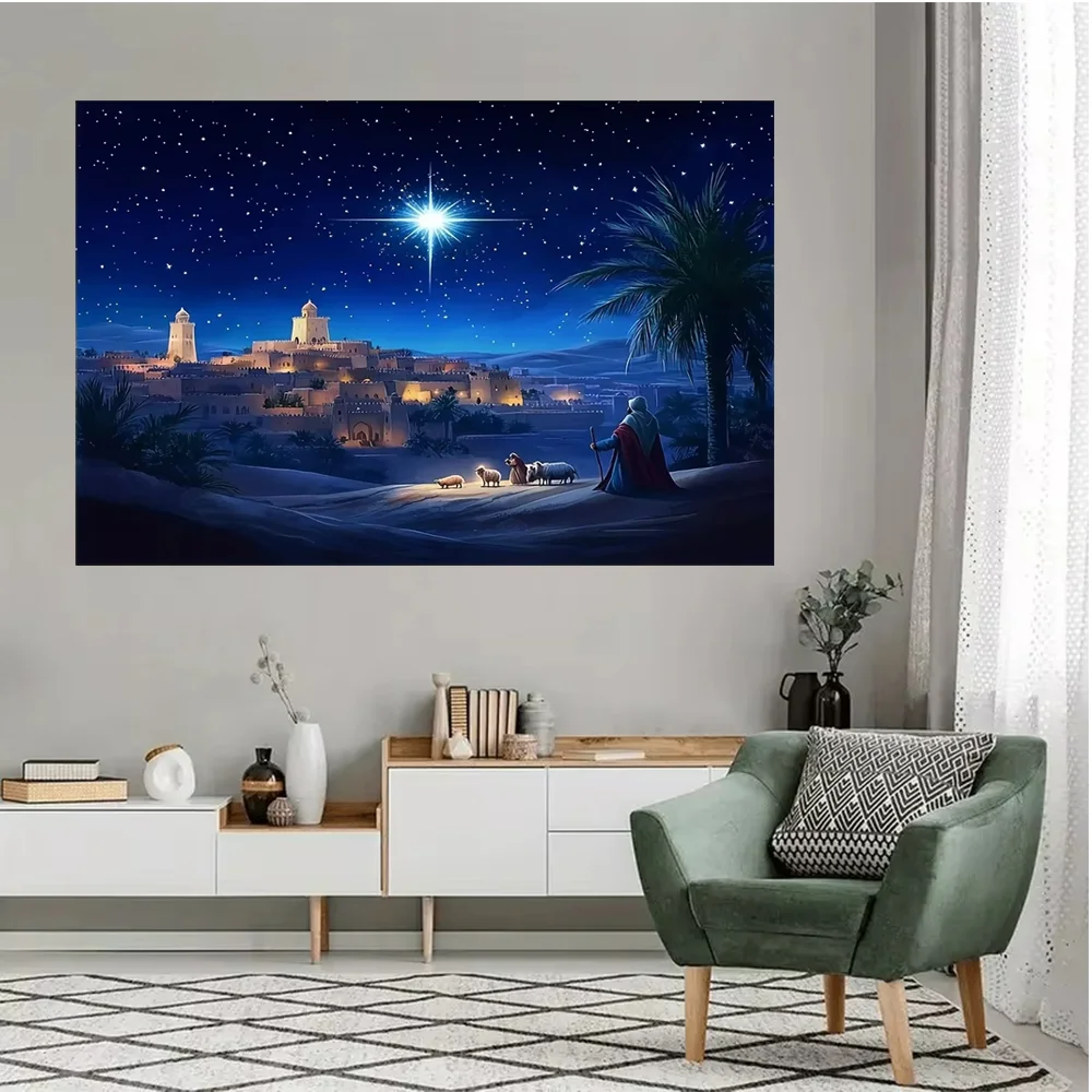 1 x Heiligabend-Wandteppich, Sternenhimmel und Stadtszene, Festival-Dekoration, Wandbehang, Geschenke für Festival-Enthusiasten