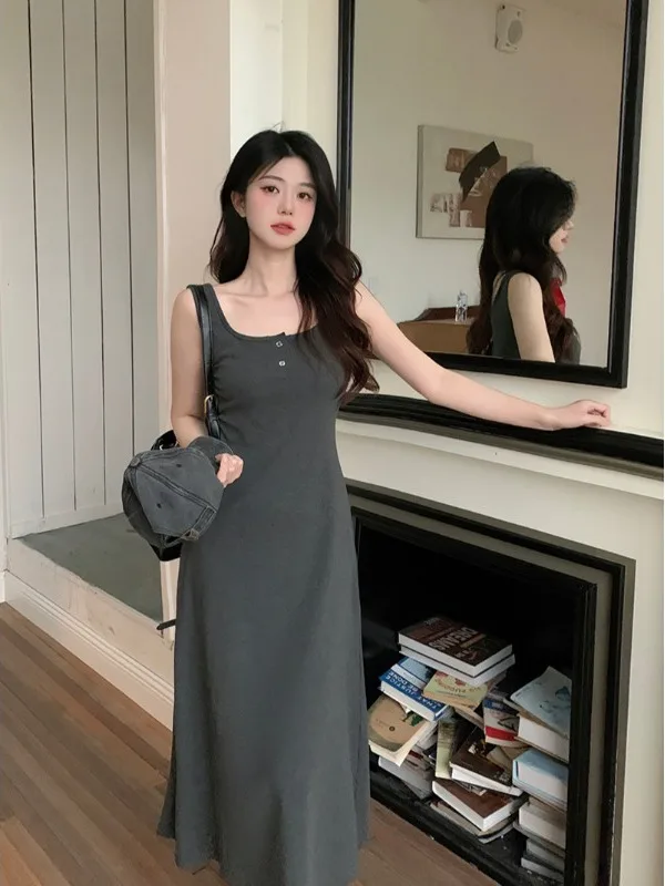 

Ретро-платье на бретельках для женщин, лето 2026, новинка, праздничный стиль, длина до колена, приталенное, А-силуэт, корейский стиль, с завышенной талией, хлопковое платье