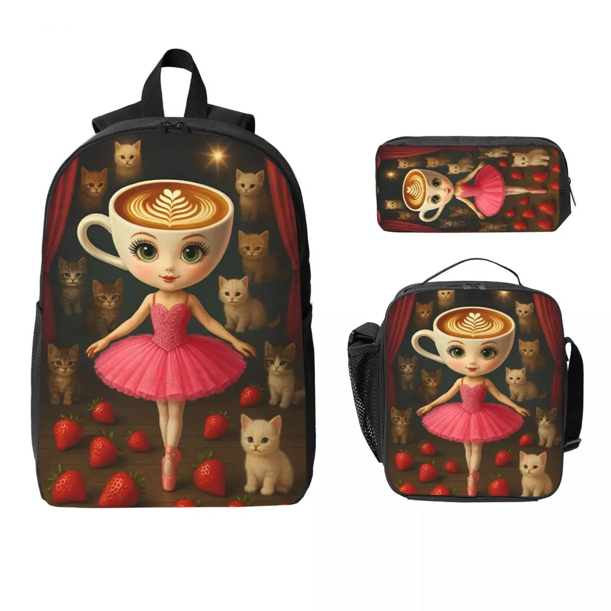 Balerina Capuchina Kids Backpack Lunch Box Pencil Boxes for Boys Girls Kindergarten Backpacks Schoolbag Bookbag Set