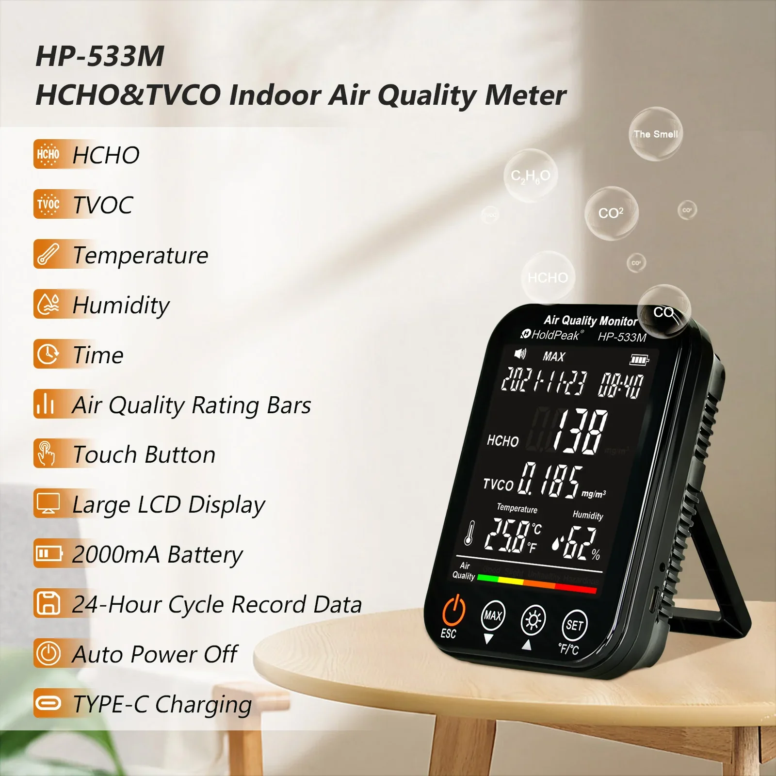 HP-533M Air Quality Monitor with Sensor, Alarm & Data Storage for Home and Office - Indoor Air Pollution Tester