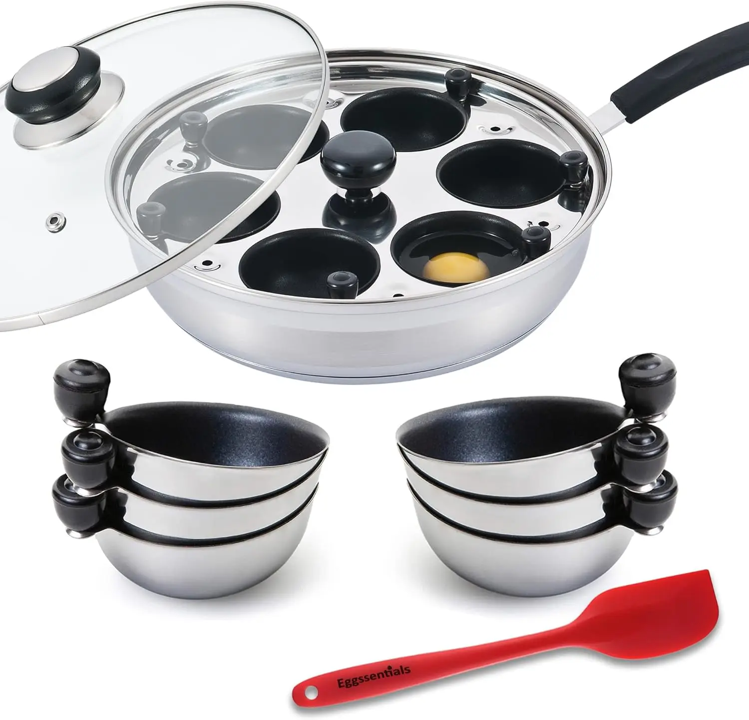 Máquina para hacer huevos escalfados, cacerola para cazar huevos de acero inoxidable, segura para alimentos, sin PFOA con espátula