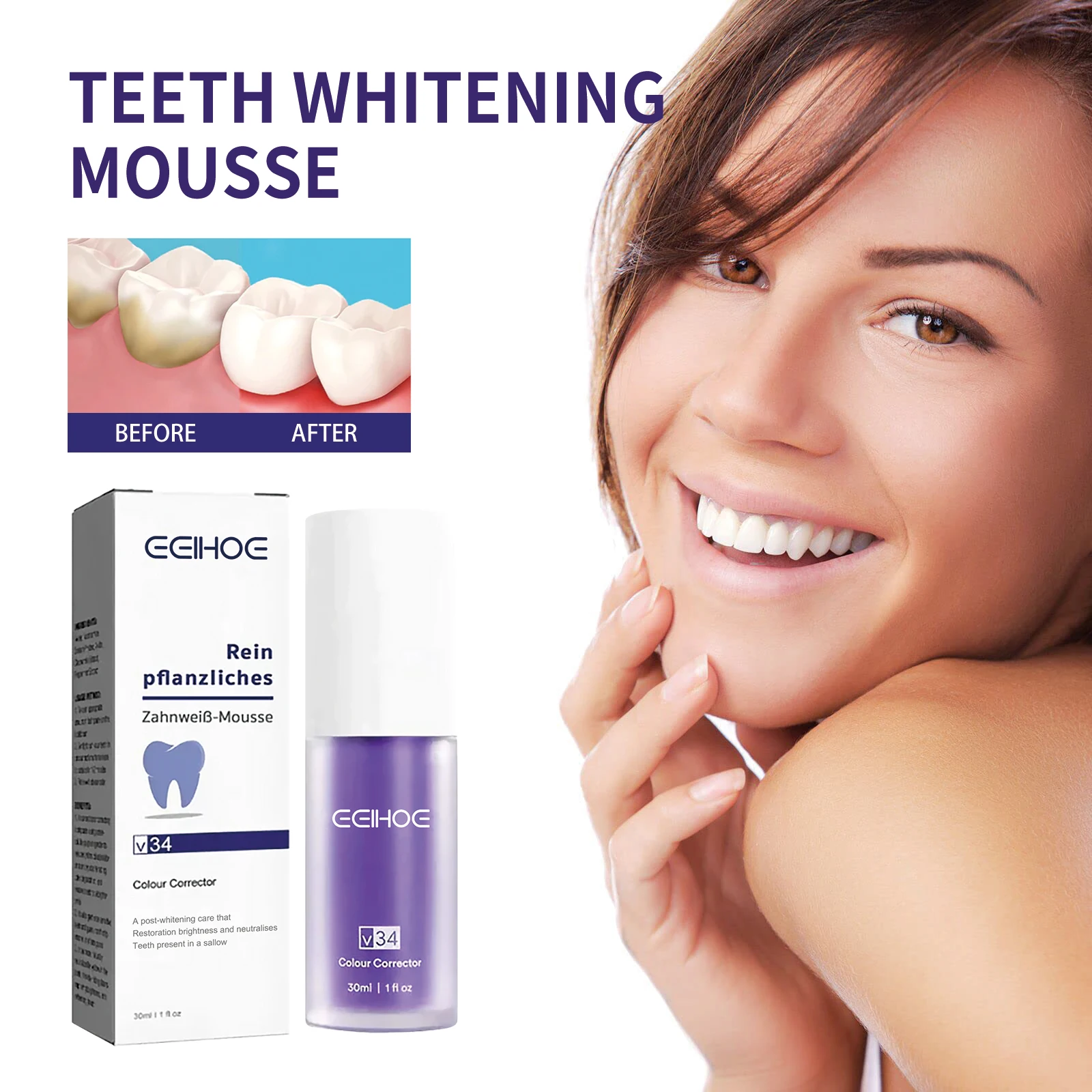 V34 Purple Brightening Toothpaste Removes Dirt, Reduces Yellowing, Cares for Teeth and Gums, Freshens Breath and Keeps Clean