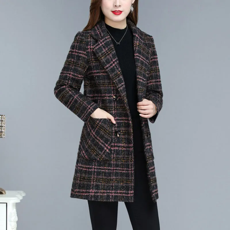 Women Clothing Plaid Wool Coat Autumn Winter Mid-Long Slim 6XL Jackets Female Double Breasted Elegant Chic Woolen Outerwear XQ72