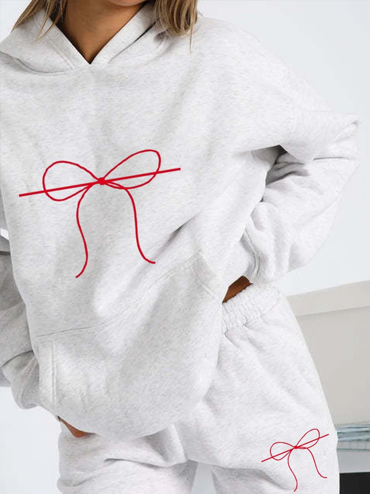 Bow Printed Women Hoodie Set Street Hip Hop Clothing Casual Female 2pcs Clothing Plush Sweatshirt Pullovers for Outdoor Chic