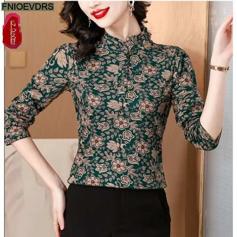 S-4XL New Year Basic Shirt 2024 Women Elegant Office Lady Casual Button Shirts Floral Print Retro Vintage Tops Blouses