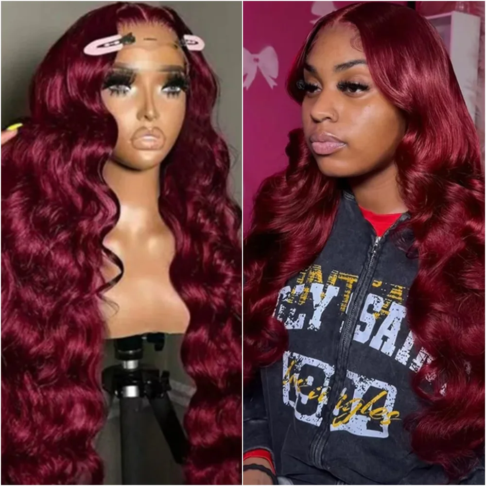 

Парик Body Wave 13x6 HD Lace Front, плотность 220, цвет 99J Бордовый, прозрачный фронтальный парик 13x4 из натуральных волос, предварительно прорезанный, для женщин