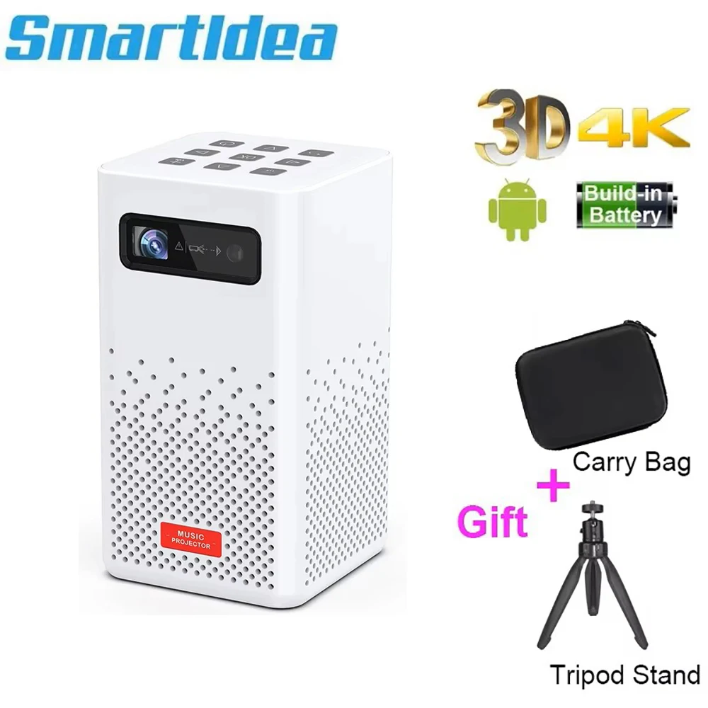 جهاز عرض Smartldea للتخييم في الهواء الطلق جهاز عرض صغير DLP 4K ثلاثي الأبعاد يدعم 1080P BT بطارية مدمجة في حجر المفاتيح التلقائي