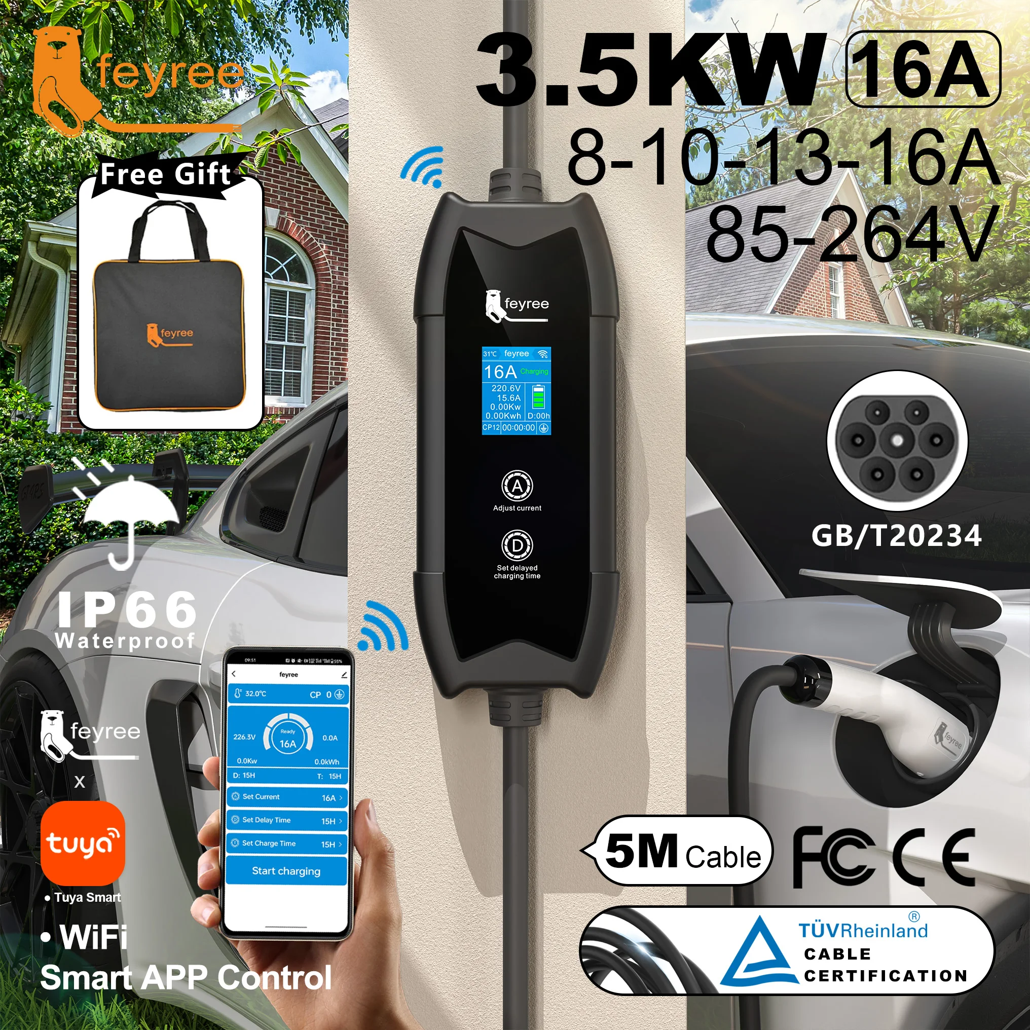 feyree GB/T ポータブル EV 充電器 5 メートルケーブル WIFI アプリ制御 16A 3.5KW セット充電 & 遅延時間 EV 車用、プラグカスタマイズ可能