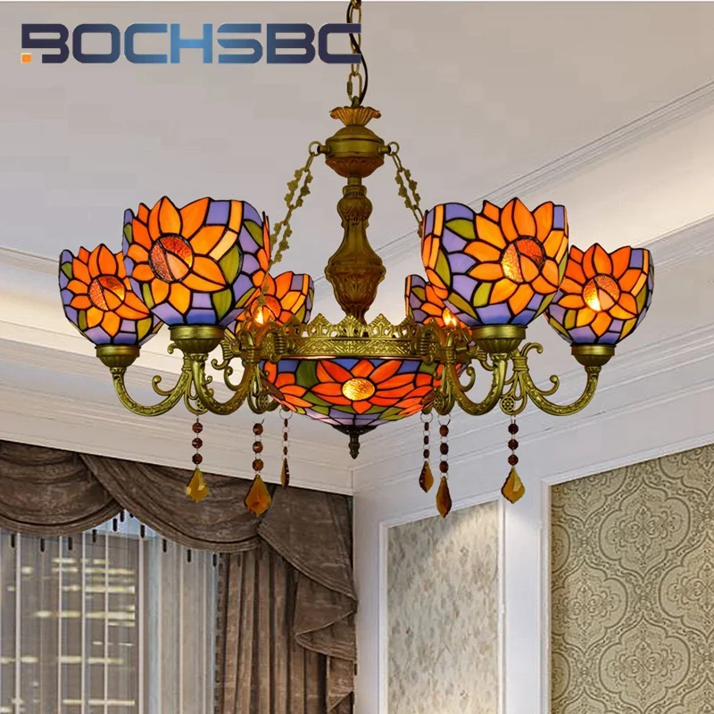 BOCHSBC Tiffany style stained glass Mediterranean blue sunflower multi-head chandelier Living Room Restaurant Bar Hotel LED deco