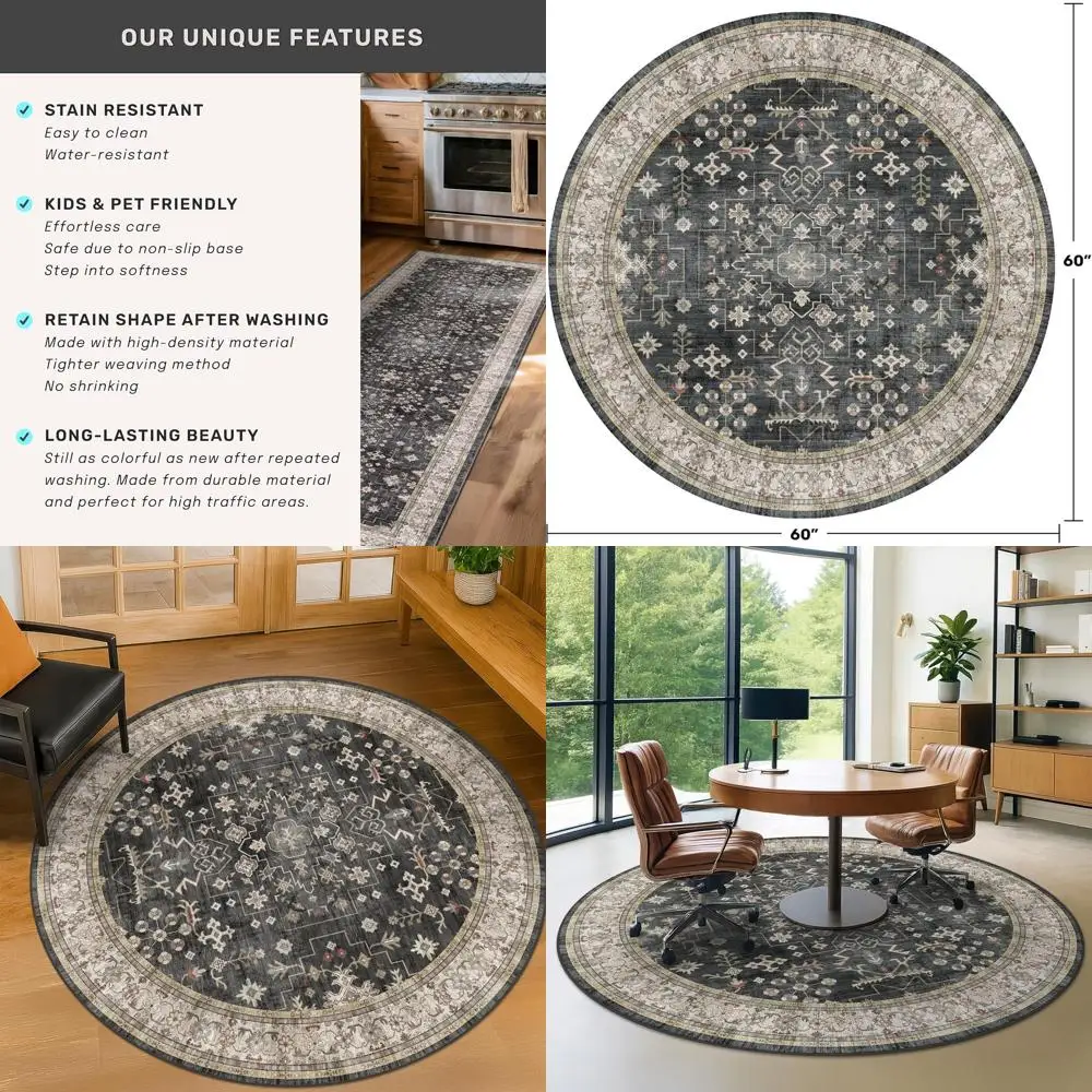 

Винтажный темный круглый ковер в стиле бохо длиной 5 футов — моющийся, с низким ворсом, нескользящий для гостиной, столовой, декора прихожей