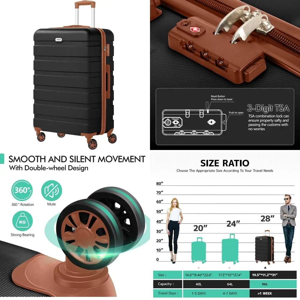 

Легкий чемодан из твердой смолы ABS с 4 универсальными колесами, замком TSA, большой размер 28 дюймов, черно-коричневый для путешествий