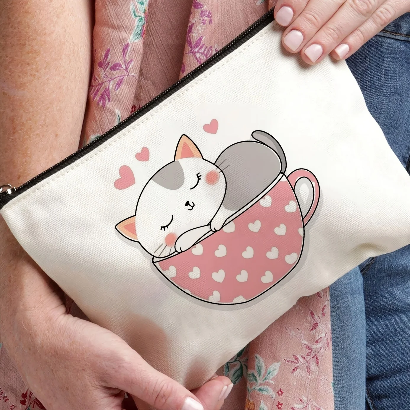 Eine süße Make-up-Tasche mit Katzen-Kaffeetasse-Aufdruck – multifunktionale Reißverschlusstasche, Schmuck-Aufbewahrungstasche, perfekte Reise-Reißverschluss-Kleiner Aufbewahrung